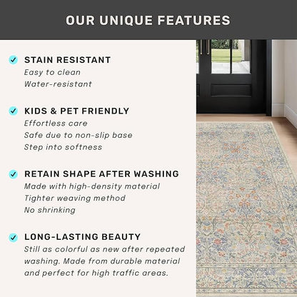 Washable Dining Room Rugs, 7x9 Area Rug for Living Room, Bedroom, Kids Playroom, Low Pile Non-Slip Lightweight & Stain Resistance - Light Beige Blue Oriental Vintage Design