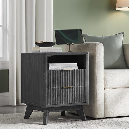 T4TREAM Fluted Nightstand with Charging Station, 18" Modern Side Table, 2 Drawers End Table with Storage, Bedside Table for Bedroom, Living Room, Curved Profile Design, Dark Alder