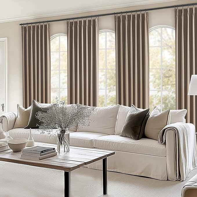 Topfinel Taupe Burlap Linen Blackout Curtains & Drapes 84 Inch Length 2 Panels Set, Pinch Pleated Flax Linen Brown Tan Beige Soundproof Cabin Curtains with Hooks Rings for Bedroom Living Room