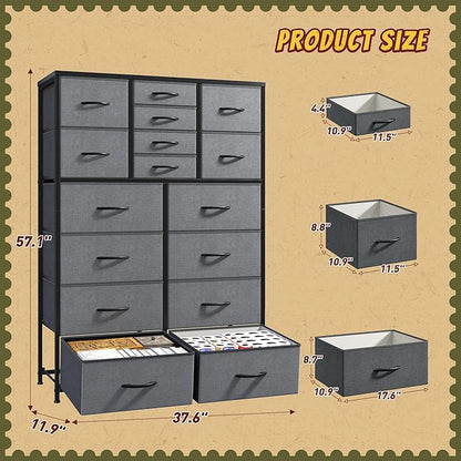 57“H Dresser for Bedroom with Drawers,Fabric Dressers & Chests of Drawers for Bedroom,Large Dresser, Sturdy Metal Frame & Wood Top,Entryway, Hallway(Grey)