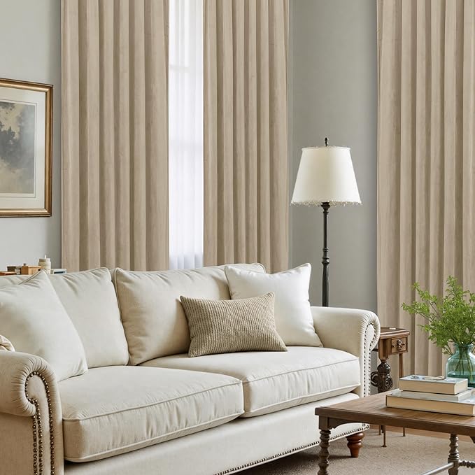 LAMIT Velvet Curtains 96 Inch for Living Room, Taupe Thermal Room Darkening Drapes for Bedroom Super Soft Elegant Back Tab and Rod Pocket Panels for Sliding Glass Door, 2 Panels, 52 x 96 Inch