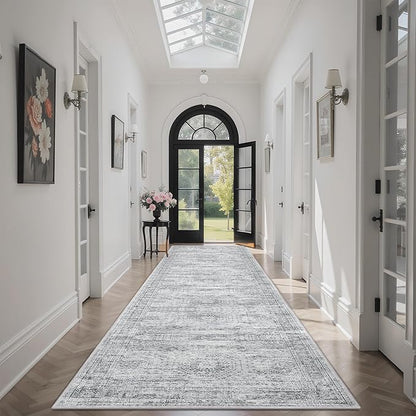 Runner Rug 2'6" x 10' Washable Non-Slip Runner Rugs for Kitchen Bathroom Laundry Room Vintage Ultra Thin Runners for Hallway Entryway Grey