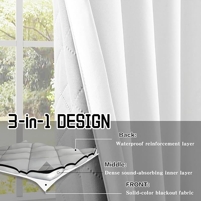 White 100% Blackout Curtains 3-in-1 Heavy Soundproof Curtains Thermal Insulated Drapes for Winter Grommet Doorway Curtains for Living Room Bedroom (1 Panel, White, 50" x 108")