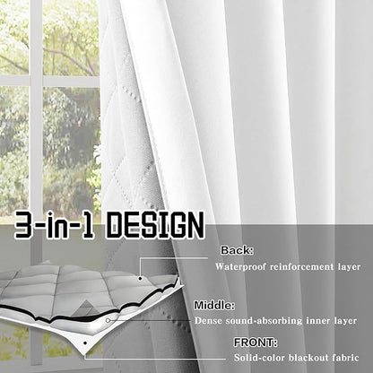 White Noise Canceling 3-in-1 Heavy Curtains 100% Blackout Curtains Grommet Doorway Curtains for Bedroom Living Room Energy Saving Thermal Insulation Winter Drapes (1 Panel, White, 50" x 84")