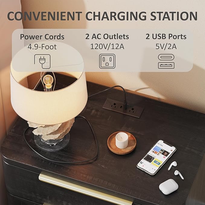 Black Nightstands Set of 2, Bedside Table with 3 Storage Drawers, 24" Tall Wood Night Stand with Charging Station, Modern Wide End Table Side Table W/Metal Handle Curved Profile for Bedroom