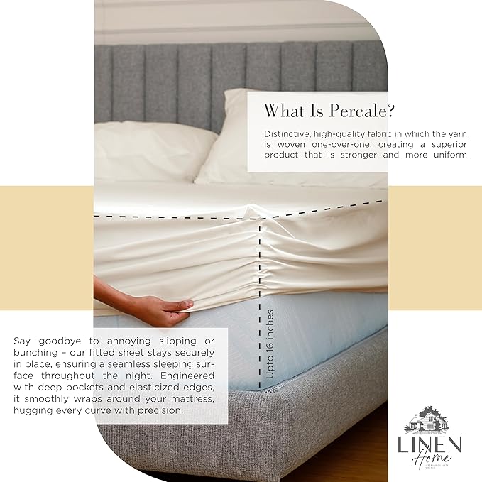 Linen Home 100% Cotton Percale Sheets Twin Size, Ivory, Deep Pocket, 3 Pieces Set - 1 Flat, 1 Deep Pocket Fitted Sheet and 1 Pillowcase, Crisp Cool and Strong Bed Linen