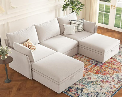 ABCASA 102.6" U Shaped Modular Sectional Sofa, 5 Seater Couch with Storage Ottoman Deep Seat and High Backrest with Removable Cover for Living Room, Apartment - Chenille White