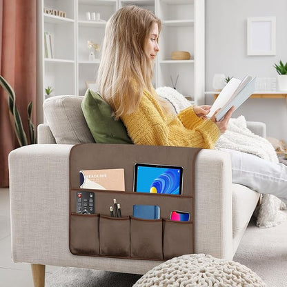 TV Remote Control Holder Couch Caddy, Non-slip Bedside Caddy Organizer with 5 Pockets for Key Glasses Phone Magazine Holders (Brown, 35''x18'')