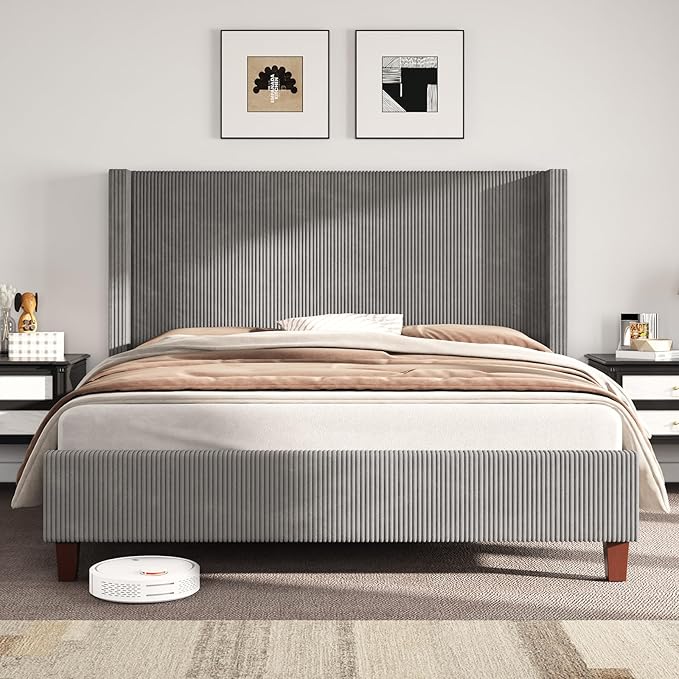 AMERLIFE California King Size Upholstered Bed Frame with 50.8" Tall Headboard, Wingback Platform Bed with Solid Wood Legs, Wooden Slats, Corduroy/No Box Spring Needed/Noise Free/Greige
