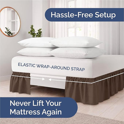 Wrap Around Dust Ruffle Bed Skirt - Brown - for Full Size Beds with 15 Inch Drop - Easy Fit Elastic Strap - Adjustable Pleated Bedskirt w/Brushed Fabric - Wrinkle Free - for Women, Men, Kids & Teens