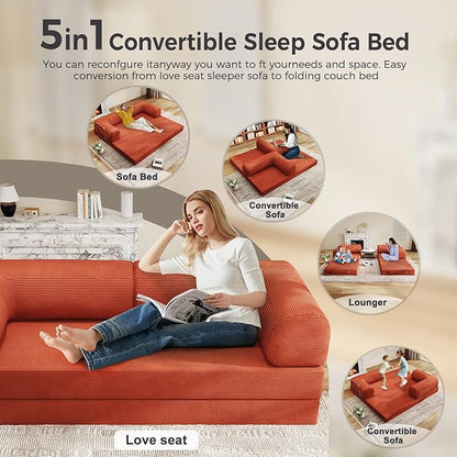 5-in-1 Folding Convertible Sofa Bed, 78 Inch Oversized Corduroy Upholstered Boneless Couch, Loveseat Sleeper with Pull Out Bed, Floor Sofa Modular Futon Couch for Living Room Bedroom Lounge