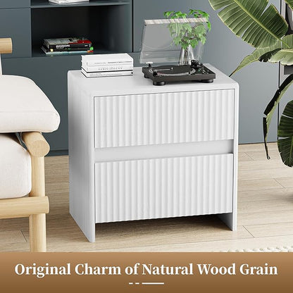 Set of 2 Fluted Nightstand, 23" Wide Bedside Table with 2 Storage Drawers, Modern Night Stand for Bedroom, White