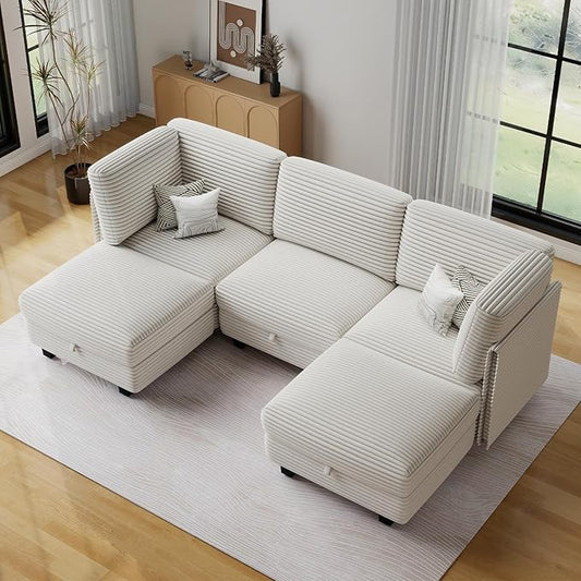 Modular Sectional Sofa with Adjustable Backrest,Large Convertible L/U-Shaped Sleeper Couch for Living Room,Cloud Sofa Bed Modern Reversible Design,White