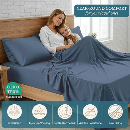 Casa Platino Bedding Sheets & Pillowcases, 3 Piece Set, Pre-Washed Fade Resisitant Cozy Bedding Sets Twin XL - 100% Hydro-Brushed Microfiber - Twin XL Sheet fits up to 15 inch Mattress- Estate Blue