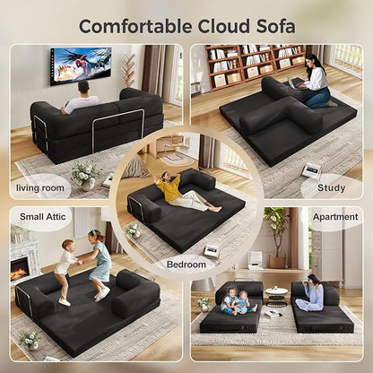 5-in-1 Folding Convertible Sofa Bed with L-Shaped Cylindrical Pillow, Corduroy Boneless Couch, Pull Out Bed, Floor Sofa Modular Futon Couch for Living Room Bedroom Lounge - No Assembly Needed in