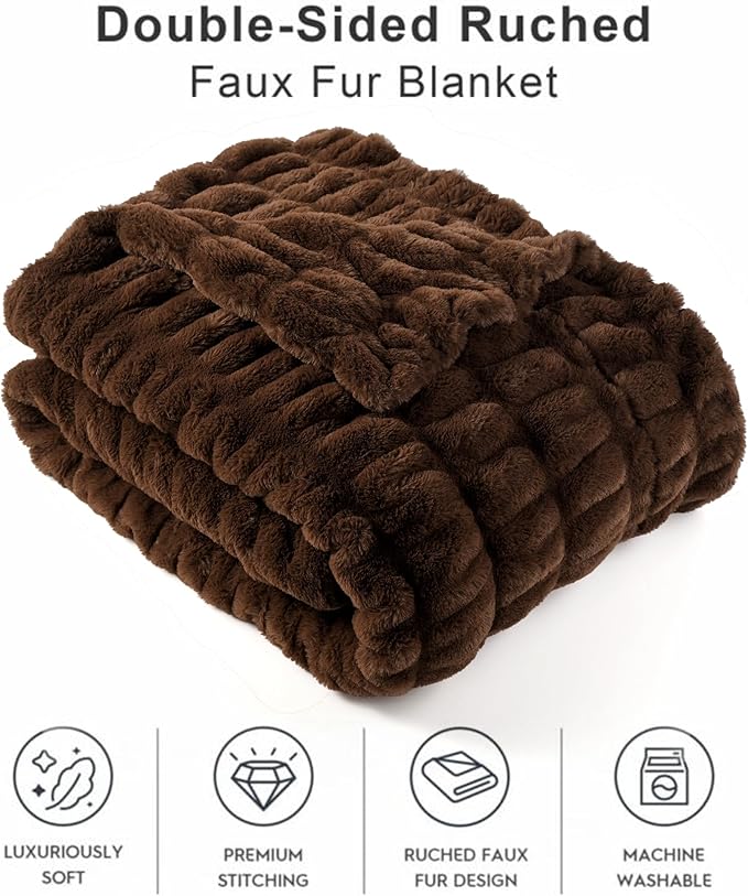 BATTILO HOME Chocolate Brown Faux Fur Throw Blanket for Couch, Double Side Reversible Ruched Rabbit Fur Blanket for Couch, Bed, Super Soft Cozy Warm Mink Blanket, 50x60 Inches