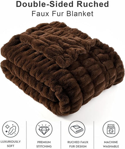 BATTILO HOME Chocolate Brown Faux Fur Throw Blanket for Couch, Double Side Reversible Ruched Rabbit Fur Blanket for Couch, Bed, Super Soft Cozy Warm Mink Blanket, 50x60 Inches