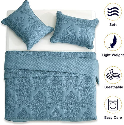 CHIXIN Bedspread Coverlet Quilt Set Full Size - Lightweight Bedding Cover - Beautiful Stitching - 5 Piece Reversible Bedspread - Luxury Damask Paisley Pattern (Full, Lagoon)