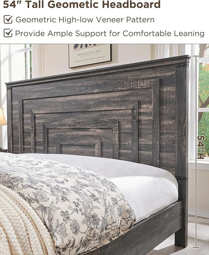T4TREAM Farmhouse King Size Bed Frame with 54" Tall Geometric Headboard & 2 Large Storage Drawers, Rustic Wood Platform Bed with Wood Slats Support, No Box Spring Needed, Dark Rustic Oak