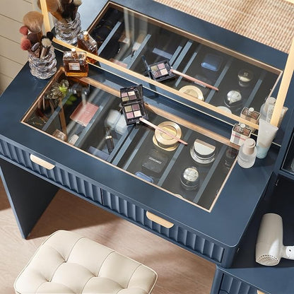 LEYAOYAO Vanity Desk with Mirror and Lights, 43.5'' Fluted Makeup Vanity with 6 Drawers and Adjustable Shelves, Navy Blue Make Up Vanity Wood Dressing Table with Glass Top and Power Outlet for Bedroom