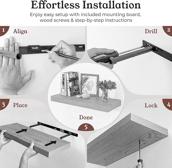 Floating Shelves for Wall, 9.3" Deep Wall Mounted Wood Shelves for Bathroom, Bedroom, Living Room, Kitchen, Hanging Shelf for Books/Storage/Room Decor (Black, 48")