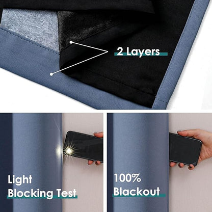 ChrisDowa 100% Blackout Curtains for Bedroom with Black Liner, 2 Thick Layers Total Blackout Thermal Insulated Grommet Window Curtains 2 Panels Set (Stone Blue, 52 x 72 Inch)