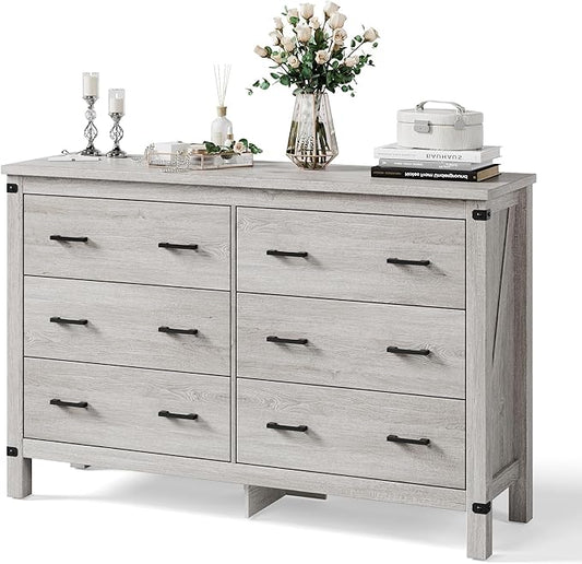 LINSY HOME Farmhouse 6 Drawer Double Dresser for Bedroom, 53” Wide Rustic Wood Chest with Deep Drawers, Modern Dressers with Storage and Metal Handles for Closet, Living Room, Hallway, Wash Grey