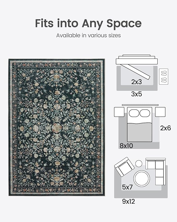 AMADA HOMEFURNISHING 5x7 Area Rugs, Washable Low-Profile Large Living Room Rug with Non-Slip Backing & Durable Edge Binding, Soft Vintage Rug for Bedroom, Dinning Room