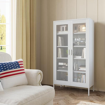 COFaR Modern Mesh Storage Cabinet, Free Standing Tall Pantry, Cupboard Metal Display Cabinet for Living Room, Kitchen, Dining Room