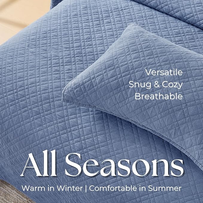 DOWN HOME Queen Quilt Set with Shams Lightweight Quilted Bedspread Coverlet Thin Comforter Bed Cover Vintage Washed Quilted Blanket for All Season, Brushed Microfiber Diamond Stitching, Blue, 88"x92"