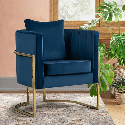 Velvet Accent Chairs Set of 2, Mid Century Modern Upholstered Armchair with Pillow for Living Room, Comfy Barrel Single Vanity Chair with Metal Gold Legs for Bedroom, Blue