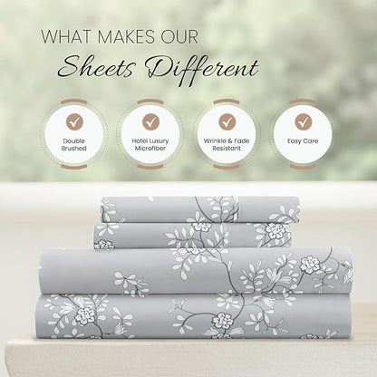 Linen Market Patterned Microfiber King Sheet Set 4 Piece – Oeko-TEX Certified Ultra Soft & Wrinkle-Free - 16" Deep Pocket Sheets - Easy Care King Size - Trellis Vine Light Gray