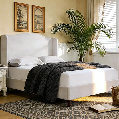 Queen Size Bed Frame with 54" Extra Tall Headboard - Luxury Chenille Upholstered Wingback Platform Bed, 1000lbs Heavy Duty, No Box Spring Needed(Ivory White Chenille Camelback,Queen)