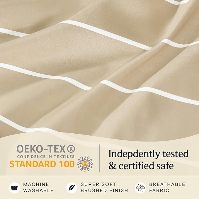 LuxClub 4 PC Full Sheet Set, Deep Pockets Wrinkle Free Cooling Bed Sheets Hotel Bedding for Women, Men, Includes 1 Fitted Sheet, 1 Flat Sheet and 2 Pillowcases-Striped - Cream