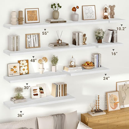 Vivelove 10 in Deep Floating Shelves for Wall, 47.2" x 10.2" x 1.5" Shelves for Room Wall Mounted, 1.5 Inch Thick Shelf for Bathroom Bedroom Kitchen Book Room, Modern Farmhouse Decor, Set of 2, White
