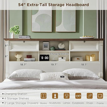 T4TREAM Farmhouse Queen Size Bed Frame with 54" Tall Headboard, Wood Platform Bed Frame with 18" Tall Roman Column Decoration Footboard & 2 Large Storage Drawers, No Box Spring Needed(Antique White)