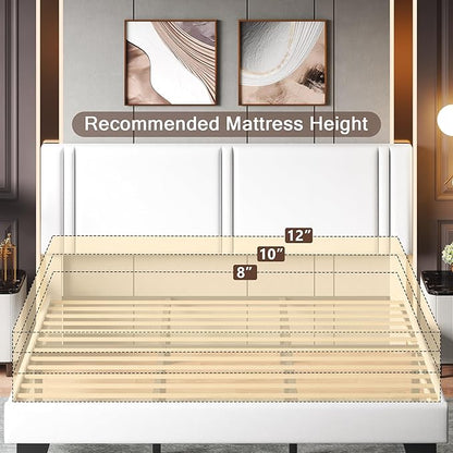 Upholstered King Size Bed Frame with Linen Fabric Headboard, Strong Wooden Slats Support, Noise Free, No Box Spring Needed, White