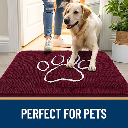 OLANLY Dog Door Mat for Muddy Paws 40x32, Paw Print Design, Absorbs Moisture and Dirt, Absorbent Non-Slip Washable Doormat, Quick Dry Chenille Mud Mat for Dogs, Entry Indoor Entryway Carpet, Burgundy