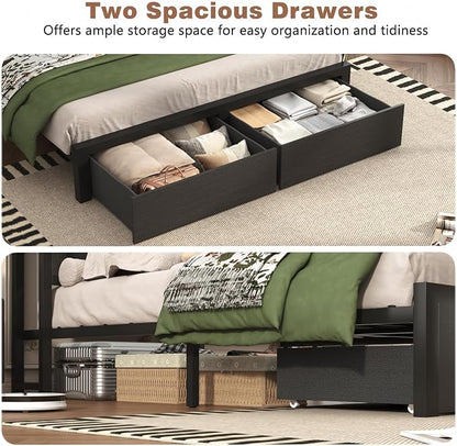Farmhouse Queen Bed Frame with Bookcase Storage Headboard, Charging Station, LED Light and 2 Storage Drawers, Noise Free, No Box Spring Needed, Black