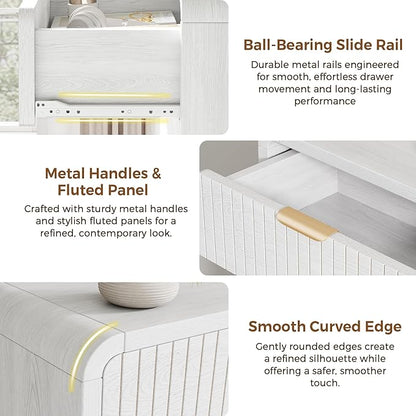 Fluted 5 Drawer Dresser for Bedroom, 43" Tall Dressers & Chests of Drawers Curved Profile Design, Wood Mid Century Vertical Dresser Natural Texture for Bedroom, White Dresser