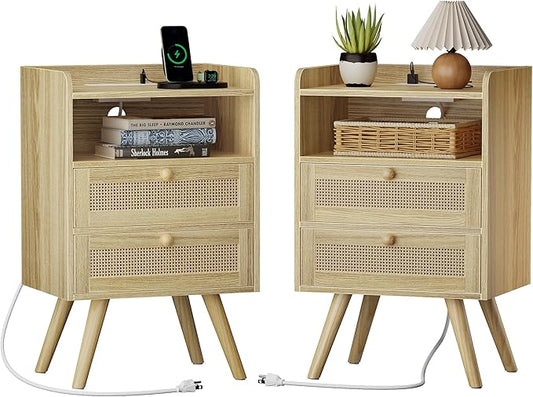 SUPERJARE 2 Drawer Night Stand with Charger Station, Boho Rattan Nightstand Set of 2, 25.2 Inch Tall Bed Side Table with Solid Wood Feet, End Table, Open Storage, Synthetic Rattan, for Dorm, Natural