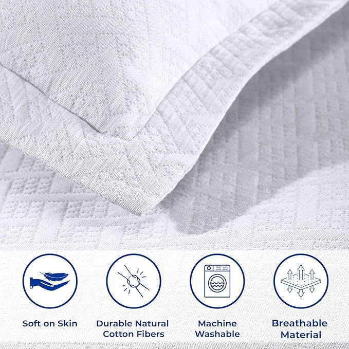 Superior 100% Cotton Basket Weave Bedspread with Shams, All-Season Premium Cotton Matelasse Jacquard Bedding, Quilted-Look Geometric Basket, King, White