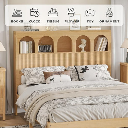 Queen Bed Frame, Storage Headboard with 5 Arched Storage Compartments, 12.4 Inch Farmhouse Wooden Queen Bed Frame, No Box Spring Needed, No Noise (Wood Color)