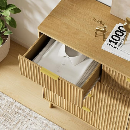 LYNSOM Fluted 9 Drawer Dresser for Bedroom, 55" Wide Modern Chest of Drawers with Curved Profile Design and Metal Handles, Wood Dresser TV Stand & Storage Organizer for Bedroom, Hallway, Oak