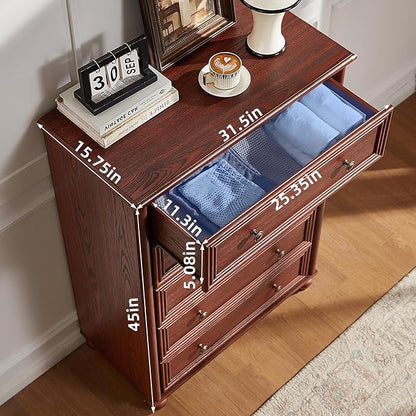 Farmhouse 5 Drawers Dresser for Bedroom, Wood 45" Tall Dressers Chest of Drawers, Kids Dresser Rustic Storage Dressers Organizer with Metal Handle Closet for Living Room, Hallway, Red Oak