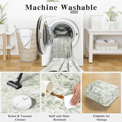 9x12 Vintage Washable Area Rugs Boho Medallion Large Distressed Retro Accent Carpet Floral Non-Slip Soft Low Pile Indoor Throw Rug for Living Room Bedroom Dining Room Office Kitchen, Green