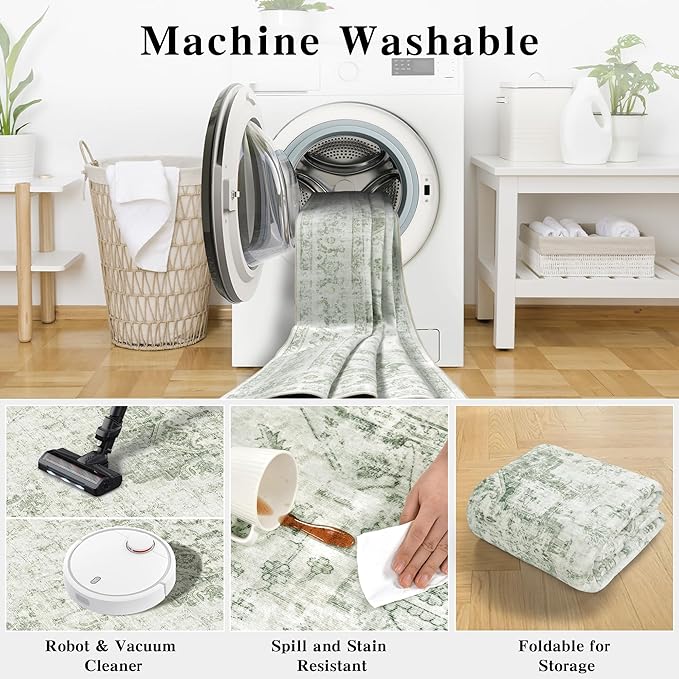 2x6 Hallway Washable Runner Rug Vintage Non-Slip Soft Kitchen Mat Boho Medallion Distressed Farmhouse Carpet Floral Low Pile Indoor Throw Rug for Entryway Bathroom Living Room Bedroom, Green