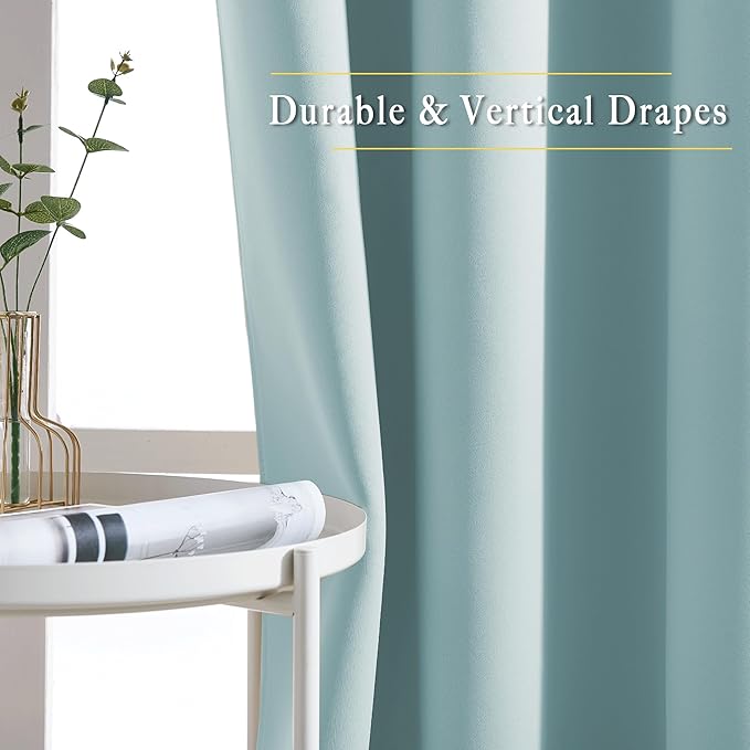 NICETOWN Sky Blue Curtains for Kids Room - Triple Weave Microfiber Home Thermal Insulated Solid Ring Top Blackout Panels/Drapes for Bedroom(Sky Blue, Set of 2, 52 x 95 Inch)