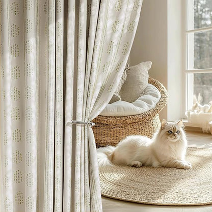 100% Boho Blackout Curtains 90 Inches Long for Bedroom, Green on Beige Patterned Bohemian Curtains for Living Room, Geometric Striped Thermal Insulated Window Drapes Gromment Top 2 Panels