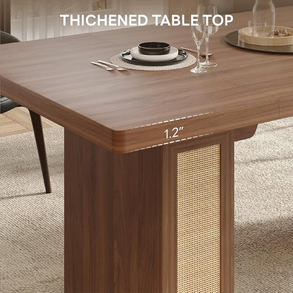 LIKIMIO 78.7" Farmhouse Dining Table for 6-8 People, Extra Thick Wood Top with 2 Hidden Adjustable Storage Drawers, Modern Woven Rattan Table for Dining Room, Kitchen, Living Room, Vintage Brown